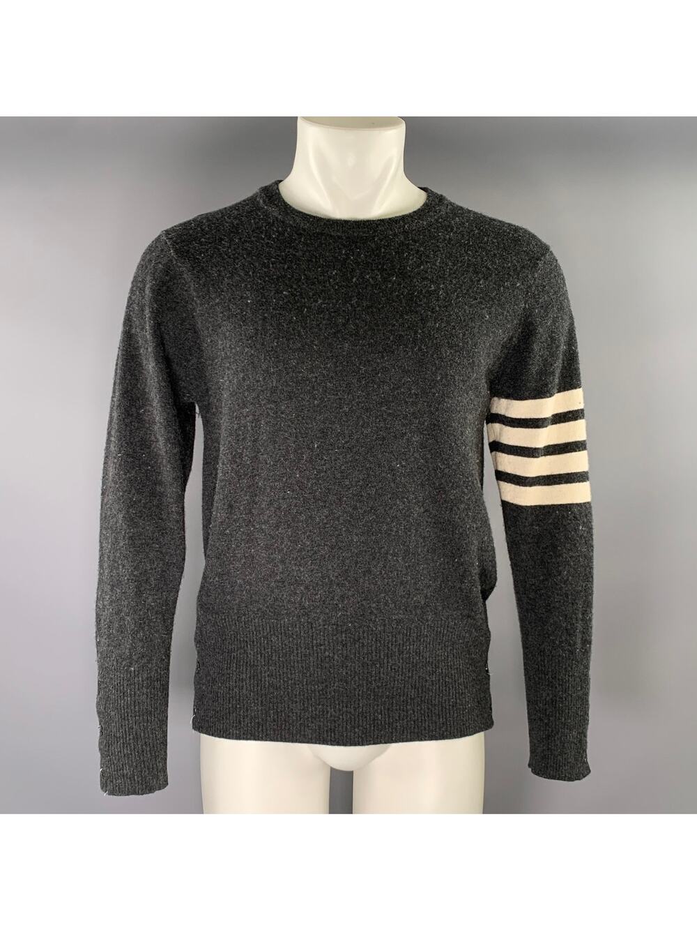 THOM BROWNE Size S Grey navy red white Knit Cashmere Crew Neck Sweater